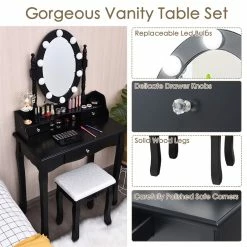 Hot Sale 🛒 Costway Contemporary MDF Vanity 👗 Dressing Table Set With 2 Side Drawers In Black 😍 -Living Room Sales Shop 2314288 10 L