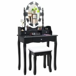 Hot Sale 🛒 Costway Contemporary MDF Vanity 👗 Dressing Table Set With 2 Side Drawers In Black 😍 -Living Room Sales Shop 2314288 3 L