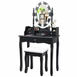 Hot Sale 🛒 Costway Contemporary MDF Vanity 👗 Dressing Table Set With 2 Side Drawers In Black 😍 -Living Room Sales Shop 2314288 4 L