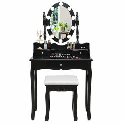 Hot Sale 🛒 Costway Contemporary MDF Vanity 👗 Dressing Table Set With 2 Side Drawers In Black 😍 -Living Room Sales Shop 2314288 5 L