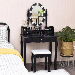 Hot Sale 🛒 Costway Contemporary MDF Vanity 👗 Dressing Table Set With 2 Side Drawers In Black 😍 -Living Room Sales Shop 2314288 7 L