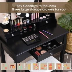 Hot Sale 🛒 Costway Contemporary MDF Vanity 👗 Dressing Table Set With 2 Side Drawers In Black 😍 -Living Room Sales Shop 2314288 9 L