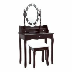 Best deal 🌟 Costway Contemporary MDF Vanity 👗 Dressing Table Set With 2 Side Drawers In Brown 🎁