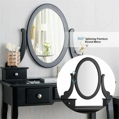 Hot Sale 🌟 Costway MDF And Wood Vanity 👗 Dressing Table Set With Stool & Oval Mirror In Black 🎉 -Living Room Sales Shop 2314304 10 L