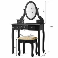 Hot Sale 🌟 Costway MDF And Wood Vanity 👗 Dressing Table Set With Stool & Oval Mirror In Black 🎉 -Living Room Sales Shop 2314304 11 L