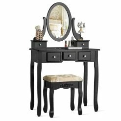 Hot Sale 🌟 Costway MDF And Wood Vanity 👗 Dressing Table Set With Stool & Oval Mirror In Black 🎉 -Living Room Sales Shop 2314304 2 L