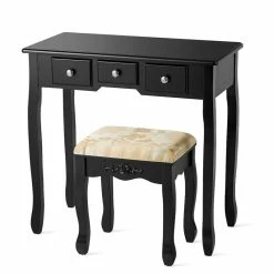 Hot Sale 🌟 Costway MDF And Wood Vanity 👗 Dressing Table Set With Stool & Oval Mirror In Black 🎉 -Living Room Sales Shop 2314304 3 L