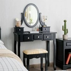 Hot Sale 🌟 Costway MDF And Wood Vanity 👗 Dressing Table Set With Stool & Oval Mirror In Black 🎉 -Living Room Sales Shop 2314304 4 L
