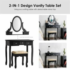 Hot Sale 🌟 Costway MDF And Wood Vanity 👗 Dressing Table Set With Stool & Oval Mirror In Black 🎉 -Living Room Sales Shop 2314304 7 L