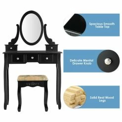 Hot Sale 🌟 Costway MDF And Wood Vanity 👗 Dressing Table Set With Stool & Oval Mirror In Black 🎉 -Living Room Sales Shop 2314304 8 L