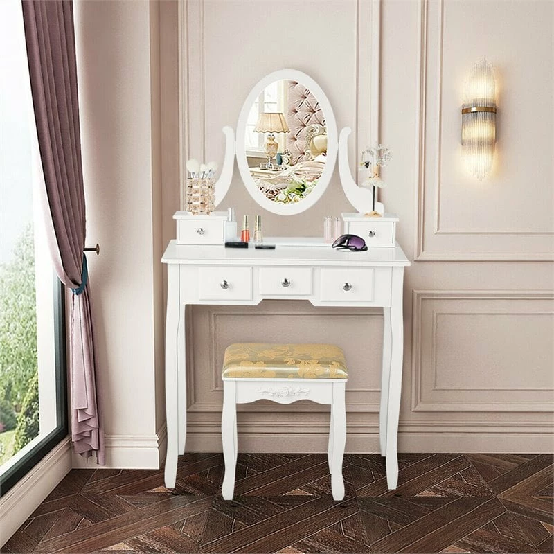 Wholesale 🎉 Costway MDF And Wood Vanity 👗 Dressing Table Set With Stool & Oval Mirror In White 😀 4 Wholesale 🎉 Costway MDF And Wood Vanity 👗 Dressing Table Set With Stool & Oval Mirror In White 😀 - Image 2