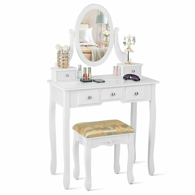 Wholesale 🎉 Costway MDF And Wood Vanity 👗 Dressing Table Set With Stool & Oval Mirror In White 😀 8 Wholesale 🎉 Costway MDF And Wood Vanity 👗 Dressing Table Set With Stool & Oval Mirror In White 😀 - Image 6