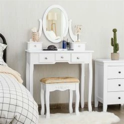 Wholesale 🎉 Costway MDF And Wood Vanity 👗 Dressing Table Set With Stool & Oval Mirror In White 😀 20 Wholesale 🎉 Costway MDF And Wood Vanity 👗 Dressing Table Set With Stool & Oval Mirror In White 😀 -Living Room Sales Shop 2314305 4 L