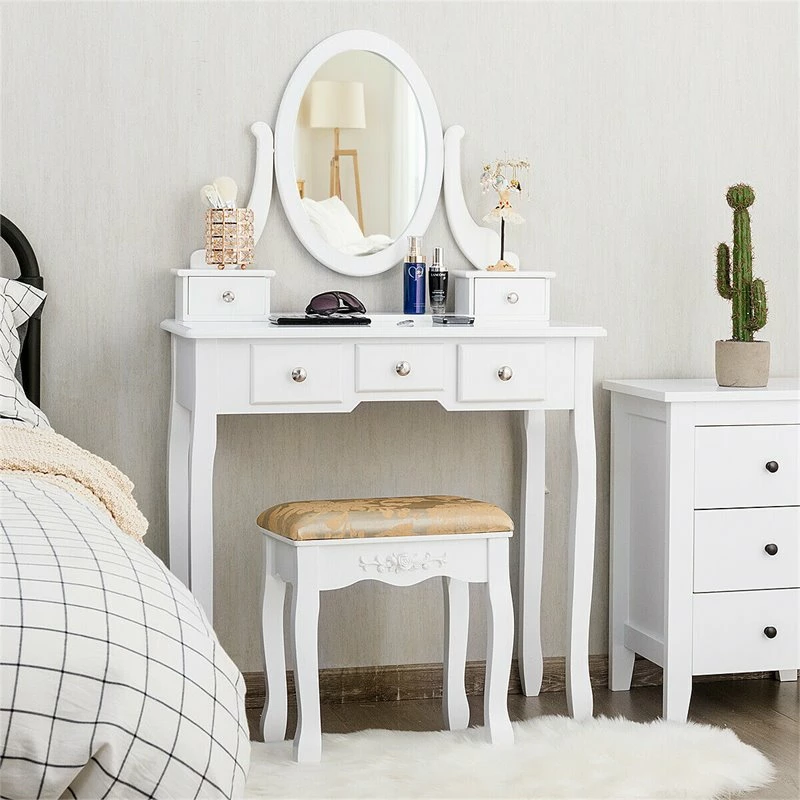 Wholesale 🎉 Costway MDF And Wood Vanity 👗 Dressing Table Set With Stool & Oval Mirror In White 😀 9 Wholesale 🎉 Costway MDF And Wood Vanity 👗 Dressing Table Set With Stool & Oval Mirror In White 😀 - Image 7