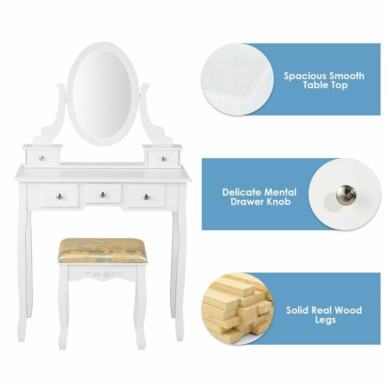 Wholesale 🎉 Costway MDF And Wood Vanity 👗 Dressing Table Set With Stool & Oval Mirror In White 😀 13 Wholesale 🎉 Costway MDF And Wood Vanity 👗 Dressing Table Set With Stool & Oval Mirror In White 😀 - Image 11