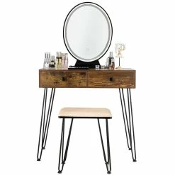 New 🔔 Costway Vanity Makeup 👗 Dressing Table With Mirror Touch Switch In Tan ⭐ -Living Room Sales Shop 2326351 2 L