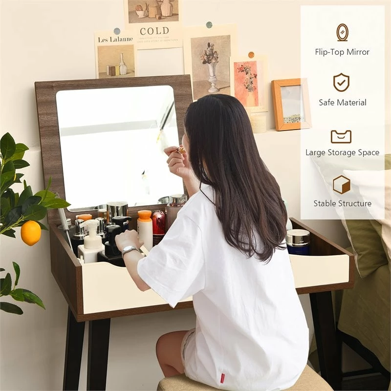 Buy โญ Costway Vanity Set With Table & ๐ Dressing Makeup Study Padded Stool In Brown ๐ 9 Buy โญ Costway Vanity Set With Table & ๐ Dressing Makeup Study Padded Stool In Brown ๐ - Image 7