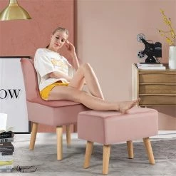 Cheapest 😀 Costway Thick Padded Button Tufted Leisure Chair And Ottoman Set In Pink 😉 -Living Room Sales Shop 2326474 4 L
