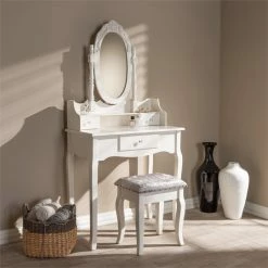 Top 10 ✔️ Bowery Hill Contemporary White Finished Wood 2-Piece Vanity Table 🌟 14 Top 10 ✔️ Bowery Hill Contemporary White Finished Wood 2-Piece Vanity Table 🌟 -Living Room Sales Shop 2367526 3 L