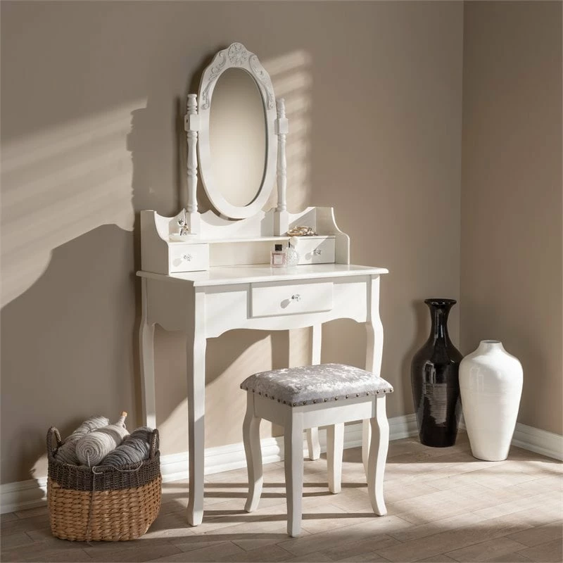 Top 10 ✔️ Bowery Hill Contemporary White Finished Wood 2-Piece Vanity Table 🌟 6 Top 10 ✔️ Bowery Hill Contemporary White Finished Wood 2-Piece Vanity Table 🌟 - Image 4