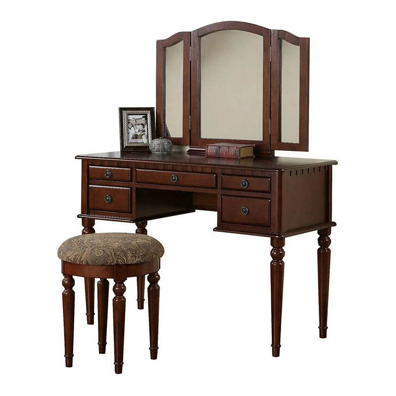 Buy ๐ Maklaine 43" Modern Wood Vanity Set Featuring Stool And Mirror In Brown โค๏ธ 3 Buy ๐ Maklaine 43" Modern Wood Vanity Set Featuring Stool And Mirror In Brown โค๏ธ
