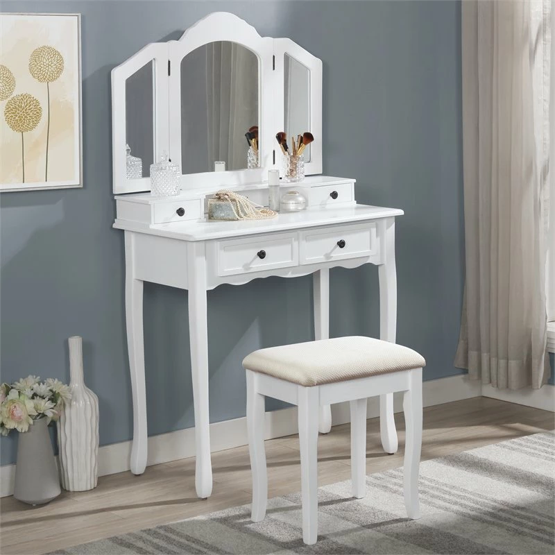 Promo 🔔 Roundhill Furniture Sanlo Wood Vanity Make Up Table And Stool Set In White 👏 4 Promo 🔔 Roundhill Furniture Sanlo Wood Vanity Make Up Table And Stool Set In White 👏 - Image 2