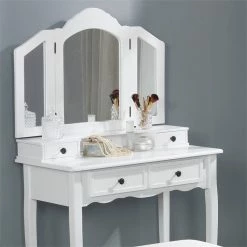 Promo 🔔 Roundhill Furniture Sanlo Wood Vanity Make Up Table And Stool Set In White 👏 10 Promo 🔔 Roundhill Furniture Sanlo Wood Vanity Make Up Table And Stool Set In White 👏 -Living Room Sales Shop 2453072 3 L