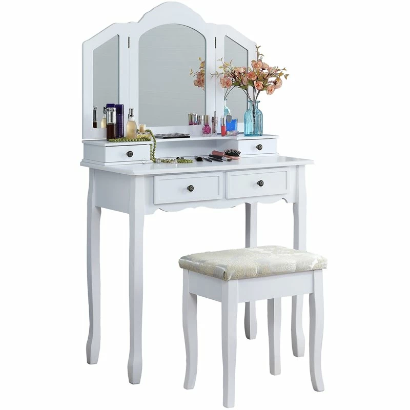 Promo 🔔 Roundhill Furniture Sanlo Wood Vanity Make Up Table And Stool Set In White 👏 3 Promo 🔔 Roundhill Furniture Sanlo Wood Vanity Make Up Table And Stool Set In White 👏