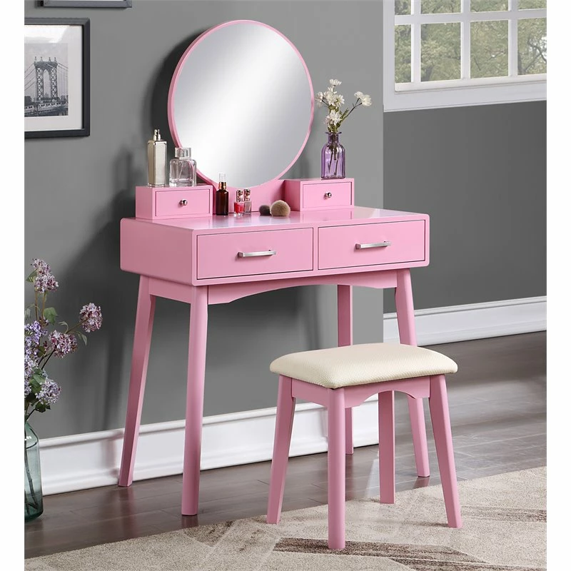 New ⌛ Roundhill Furniture Liannon Solid Rubber Wood Vanity And Stool Set In Pink ⭐ 4 New ⌛ Roundhill Furniture Liannon Solid Rubber Wood Vanity And Stool Set In Pink ⭐ - Image 2