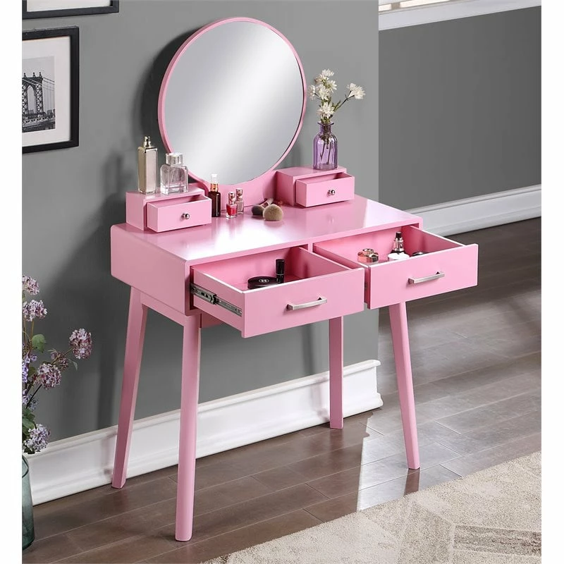 New ⌛ Roundhill Furniture Liannon Solid Rubber Wood Vanity And Stool Set In Pink ⭐ 5 New ⌛ Roundhill Furniture Liannon Solid Rubber Wood Vanity And Stool Set In Pink ⭐ - Image 3