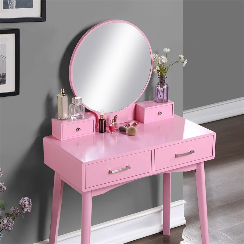 New ⌛ Roundhill Furniture Liannon Solid Rubber Wood Vanity And Stool Set In Pink ⭐ 6 New ⌛ Roundhill Furniture Liannon Solid Rubber Wood Vanity And Stool Set In Pink ⭐ - Image 4