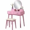 New โ Roundhill Furniture Liannon Solid Rubber Wood Vanity And Stool Set In Pink โญ 2 New โ Roundhill Furniture Liannon Solid Rubber Wood Vanity And Stool Set In Pink โญ -Living Room Sales Shop 2453086 L