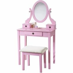 Best Sale 👍 Roundhill Furniture Moniys Wood Makeup Vanity Table And Stool Set In Pink 😉