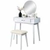 Best Sale 😉 Roundhill Furniture Maly Solid Rubber Wood Vanity And Stool Set In White 🤩