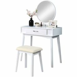 Best Sale 😉 Roundhill Furniture Maly Solid Rubber Wood Vanity And Stool Set In White 🤩