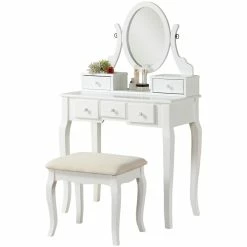 Cheapest ✨ Roundhill Furniture Ashley Wood Make-Up Vanity Table And Stool Set In White 💯