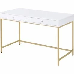 New π Bowery Hill Contemporary Vanity Desk In White High Gloss & Gold π