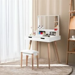 Cheapest 👏 CRO Decor Maximilien Solid Wood 32'' Wide Vanity Table With Mirror-White 😍 -Living Room Sales Shop 2470771 10 L