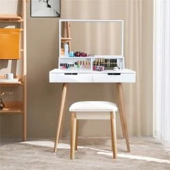 Cheapest 👏 CRO Decor Maximilien Solid Wood 32'' Wide Vanity Table With Mirror-White 😍 -Living Room Sales Shop 2470771 11 L