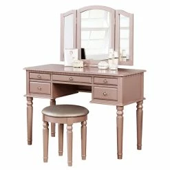 Best deal 🤩 Cooper Furniture Wood Vanity Set With Mirror And Stool In Pink Rose Gold Color 🤩