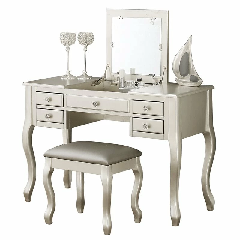 Budget ❤️ Cooper Furniture Wood Vanity Set With Stool And Mirror In Silver ❤️ 3 Budget ❤️ Cooper Furniture Wood Vanity Set With Stool And Mirror In Silver ❤️