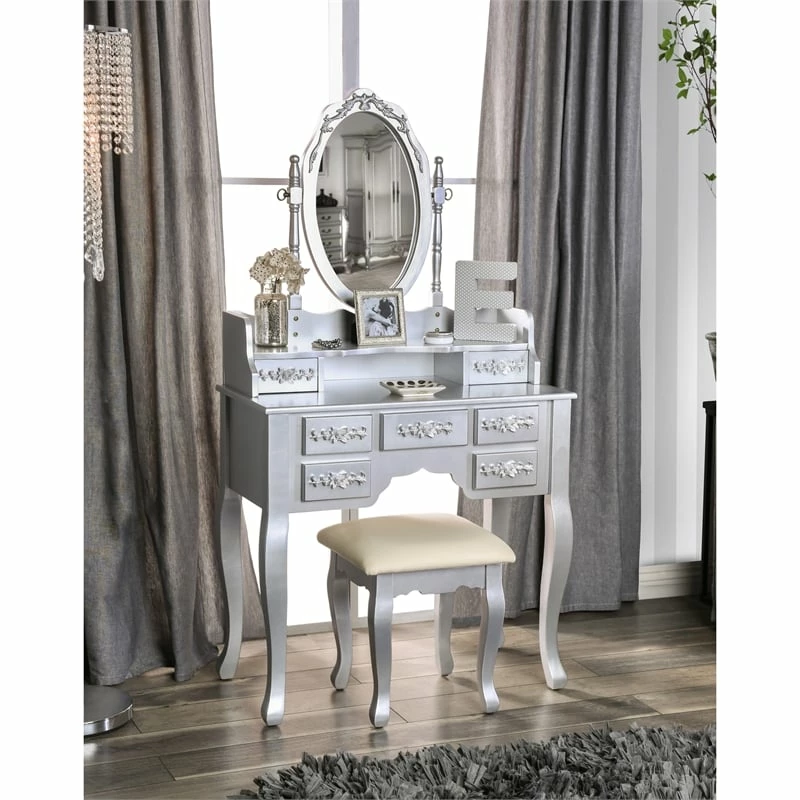 Promo π Bowery Hill Traditional Wood 3-Piece Bedroom Vanity Set In Silver β 6 Promo π Bowery Hill Traditional Wood 3-Piece Bedroom Vanity Set In Silver β - Image 4