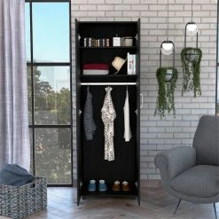 Coupon 💯 Atlin Designs Modern Wood Armoire With One Cabinet & 2 Shelves In Black ⭐ -Living Room Sales Shop 2503760 8 L