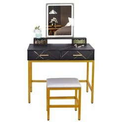 Cheap ⭐ Alexent LED Wood Makeup Vanity Desk Set With Rectangle Mirror In Marble Black ❤️ -Living Room Sales Shop 2517313 2 L