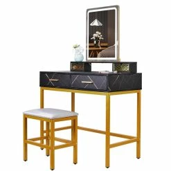 Cheap ⭐ Alexent LED Wood Makeup Vanity Desk Set With Rectangle Mirror In Marble Black ❤️ -Living Room Sales Shop 2517313 3 L