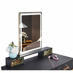 Cheap ⭐ Alexent LED Wood Makeup Vanity Desk Set With Rectangle Mirror In Marble Black ❤️ -Living Room Sales Shop 2517313 4 L