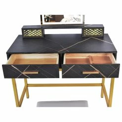 Cheap ⭐ Alexent LED Wood Makeup Vanity Desk Set With Rectangle Mirror In Marble Black ❤️ -Living Room Sales Shop 2517313 5 L