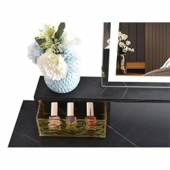 Cheap ⭐ Alexent LED Wood Makeup Vanity Desk Set With Rectangle Mirror In Marble Black ❤️ -Living Room Sales Shop 2517313 6 L