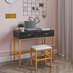 Cheap ⭐ Alexent LED Wood Makeup Vanity Desk Set With Rectangle Mirror In Marble Black ❤️ -Living Room Sales Shop 2517313 7 L