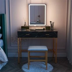 Cheap ⭐ Alexent LED Wood Makeup Vanity Desk Set With Rectangle Mirror In Marble Black ❤️ -Living Room Sales Shop 2517313 8 L